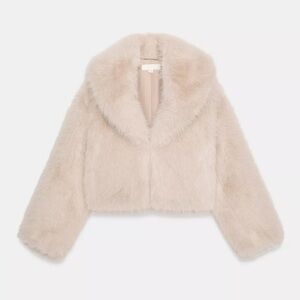 ZARA SHORT FAUX FUR LAPEL COLLAR COAT LARGE ECRU JACKET WINTER VIRAL 6318/277